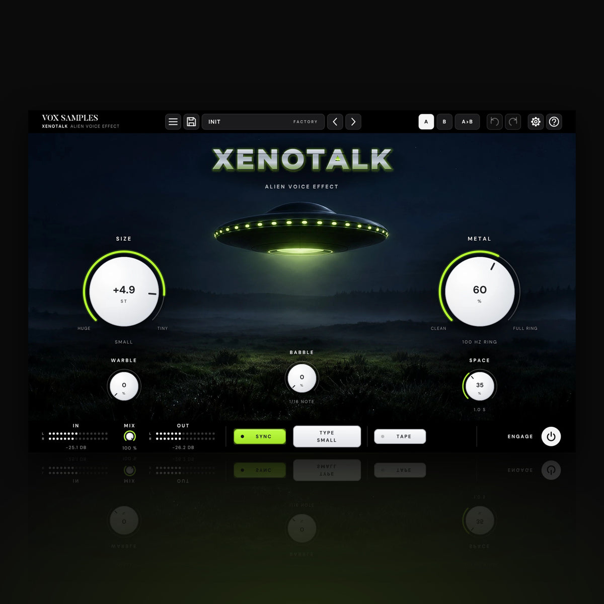 Xenotalk Alien Voice Effect by Vox Samples, the alien voice plugin: a lens-shaped craft with a ring of green lights over a foggy moor at night, the brushed-steel XENOTALK logo, and two big pearl-white knobs, SIZE and METAL.