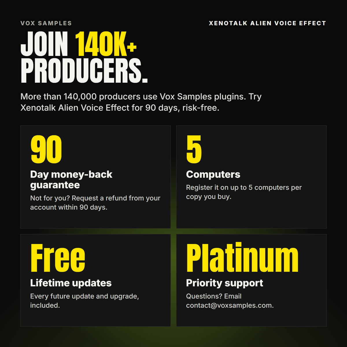Join 140K+ producers who use Vox Samples plugins. Xenotalk Alien Voice Effect comes with a 90-day money-back guarantee you claim from your account, registration on up to five of your own computers per copy you buy, free lifetime updates, and Platinum priority support.