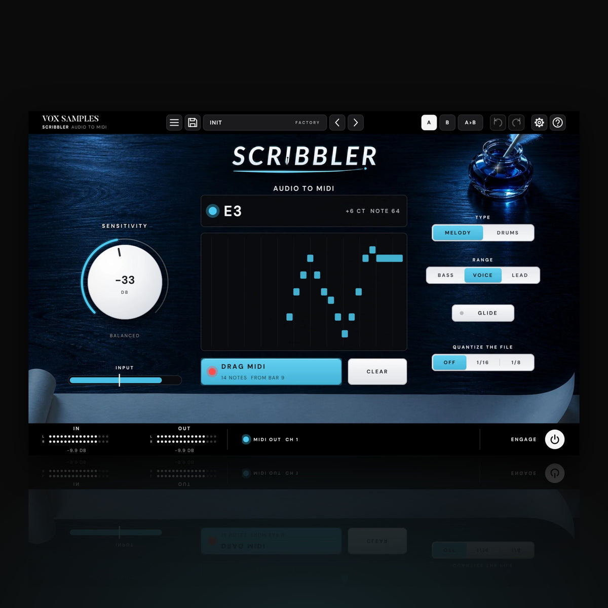 Scribbler Audio to MIDI by Vox Samples, the audio to MIDI plugin: a dark blue writing desk with a glowing blue inkwell and a white quill, the SCRIBBLER logo, a big pearl-white SENSITIVITY knob and a scrolling piano roll of sung notes.