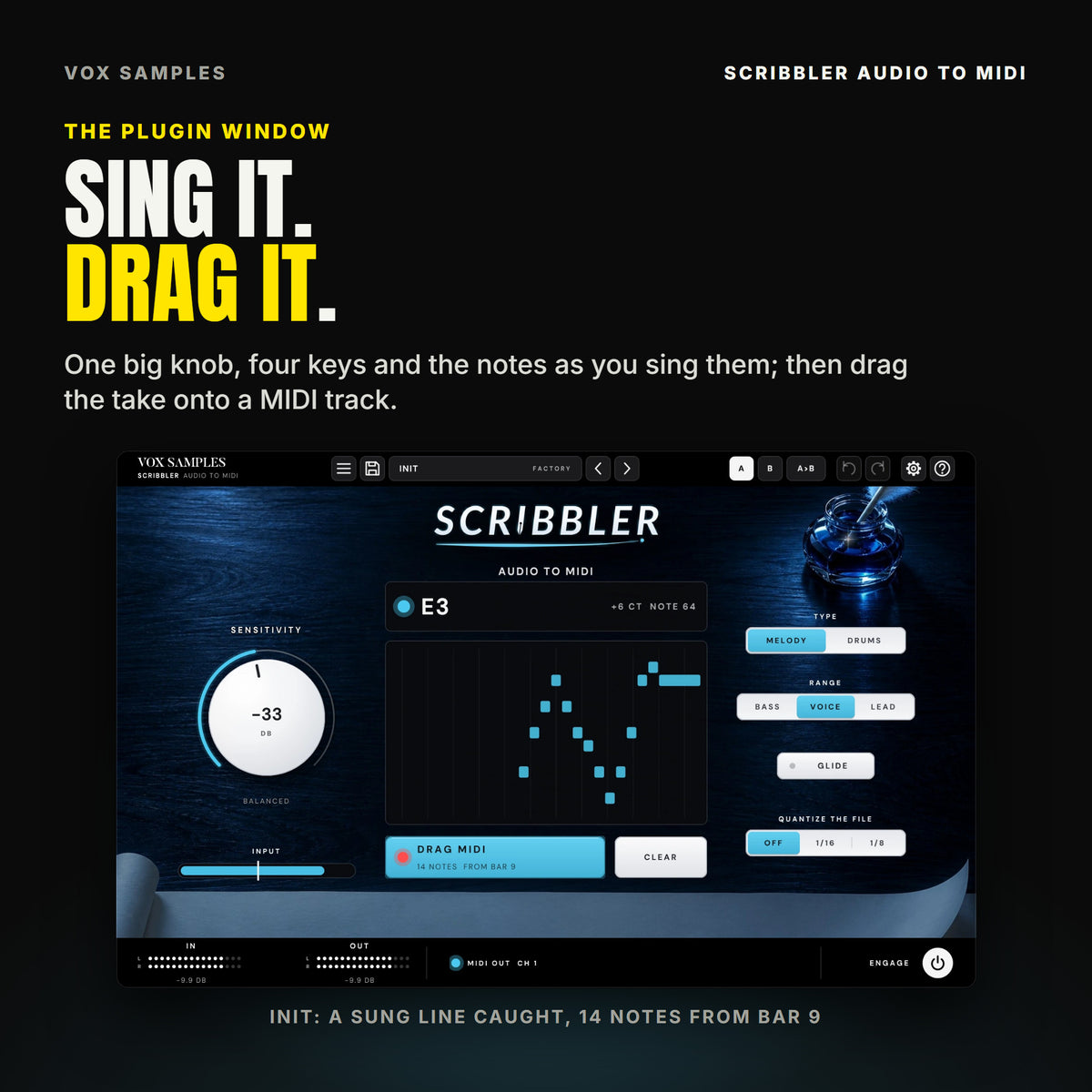 The Scribbler Audio to MIDI window on Init with a sung line caught: a dark blue writing desk with a glowing blue inkwell and a white quill; SENSITIVITY at -33 DB (BALANCED) over the input bar on the left; the note E3, +6 CT, NOTE 64, over a scrolling piano roll of the notes; DRAG MIDI holding 14 NOTES FROM BAR 9 and CLEAR; TYPE MELODY, RANGE VOICE, GLIDE and QUANTIZE THE FILE OFF on the right; IN and OUT meters, MIDI OUT CH 1 and ENGAGE along the bottom.