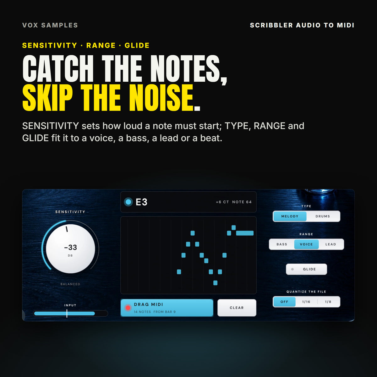 Scribbler's SENSITIVITY knob at -33 DB (BALANCED) with the input bar and its white threshold mark, the note display in the middle, and the keys: TYPE MELODY, RANGE VOICE, GLIDE, and QUANTIZE THE FILE OFF, 1/16 and 1/8.