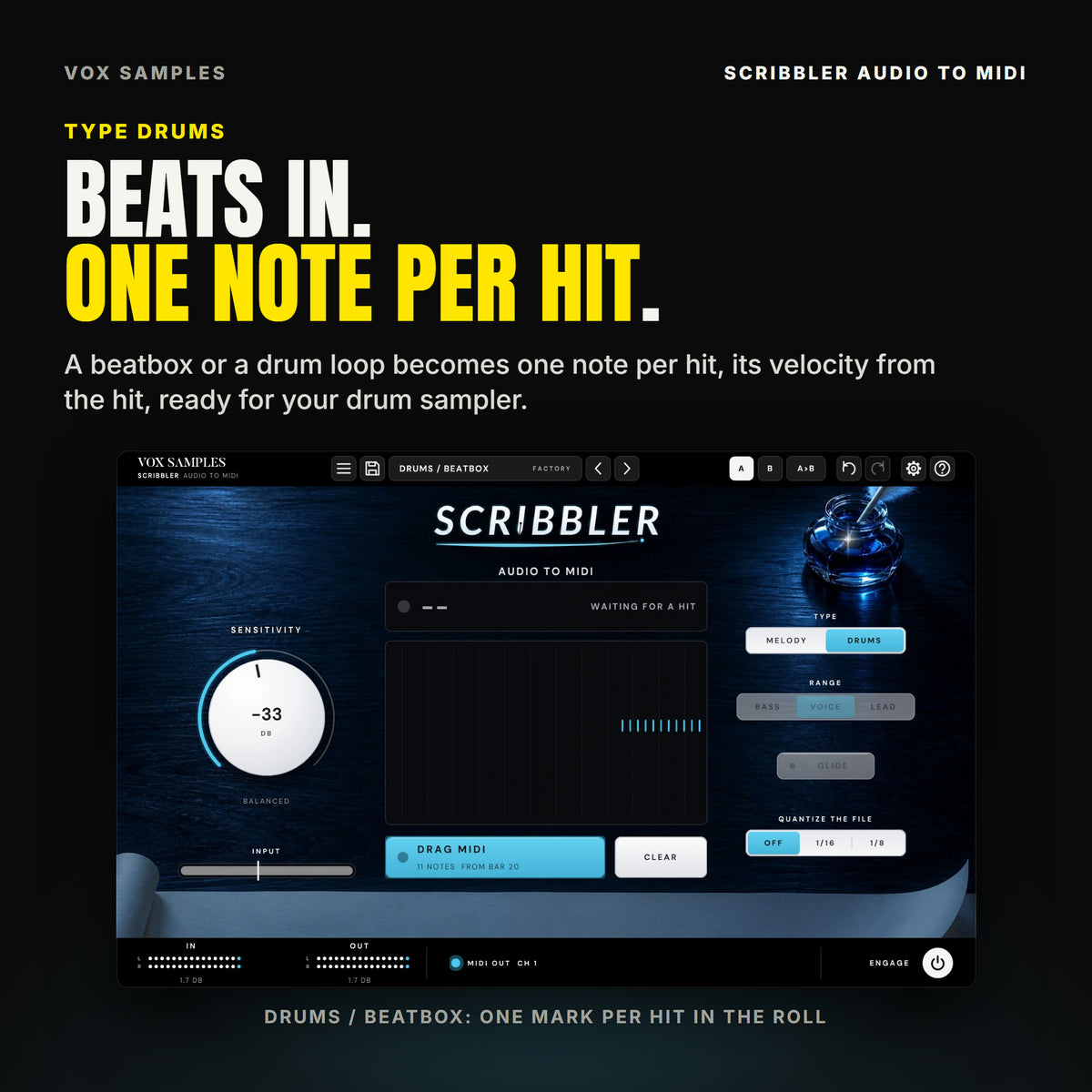 Scribbler on the Drums / Beatbox preset: TYPE DRUMS lit, RANGE and GLIDE resting, and a row of short marks in the roll, one MIDI note per hit, with DRAG MIDI holding 11 NOTES FROM BAR 20.
