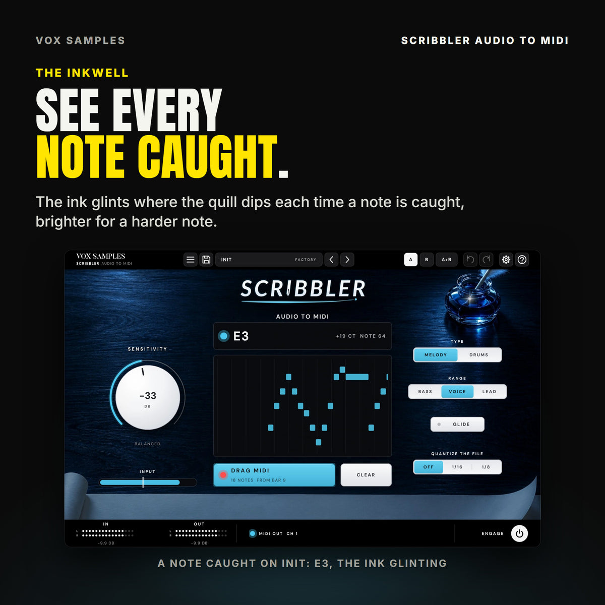 Scribbler the moment a note is caught: the blue ink in the inkwell glints where the quill dips into it, the note E3 shown and the roll scrolling with 18 notes from bar 9.