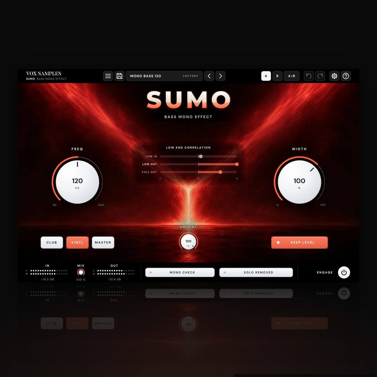 Sumo Bass Mono Effect by Vox Samples, the bass mono plugin: two streams of deep red light pulled together into one bright column on a black floor, the SUMO wordmark, a low-end correlation meter, and two big white knobs, FREQ and WIDTH.