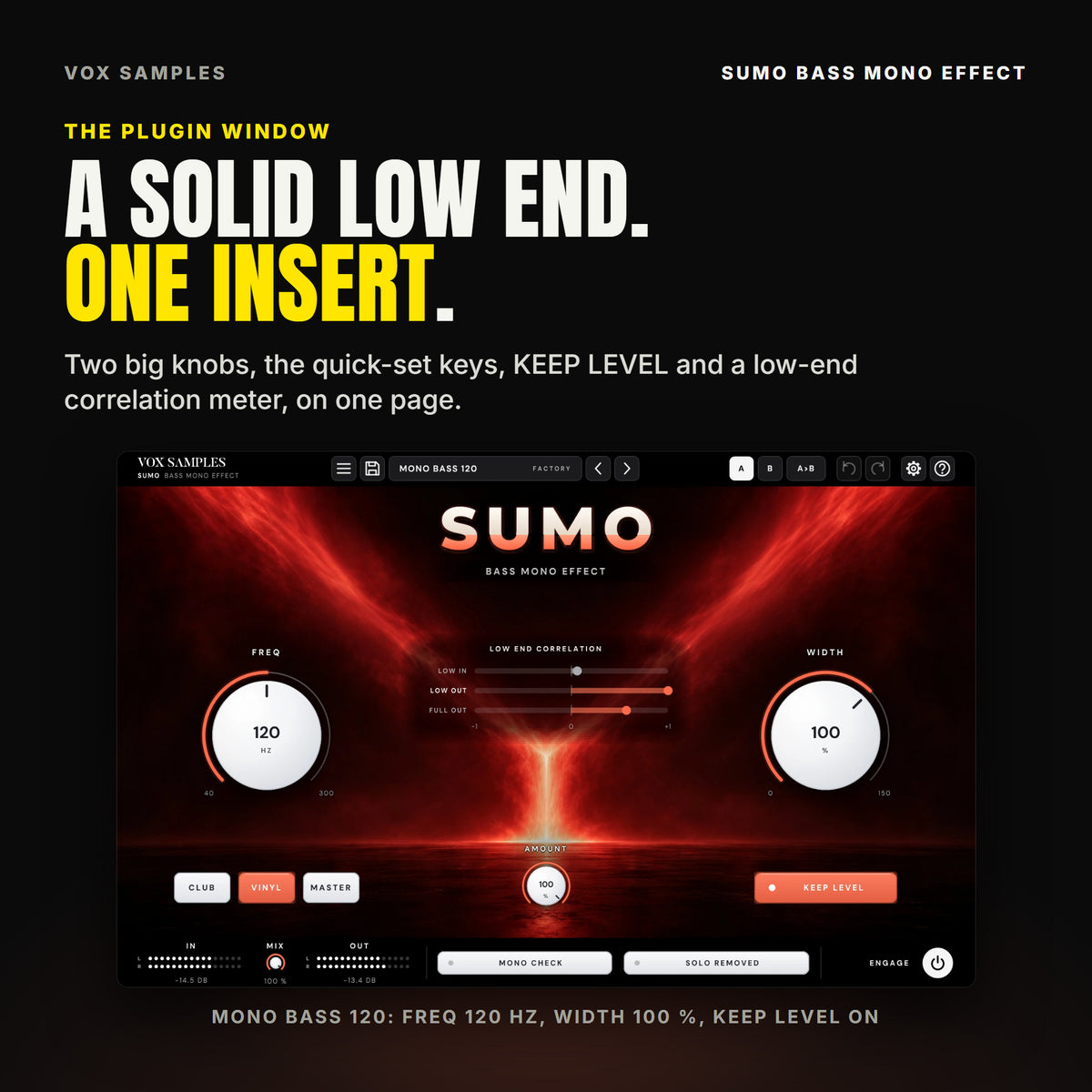 The whole Sumo Bass Mono Effect window on Mono Bass 120: two streams of red light pulled into one bright column on a black floor, the SUMO wordmark, FREQ at 120 HZ on the left and WIDTH at 100 % on the right, the LOW END CORRELATION meter with LOW OUT at +1, AMOUNT at 100 %, VINYL and KEEP LEVEL lit, and IN, MIX, OUT, MONO CHECK, SOLO REMOVED and ENGAGE along the bottom.