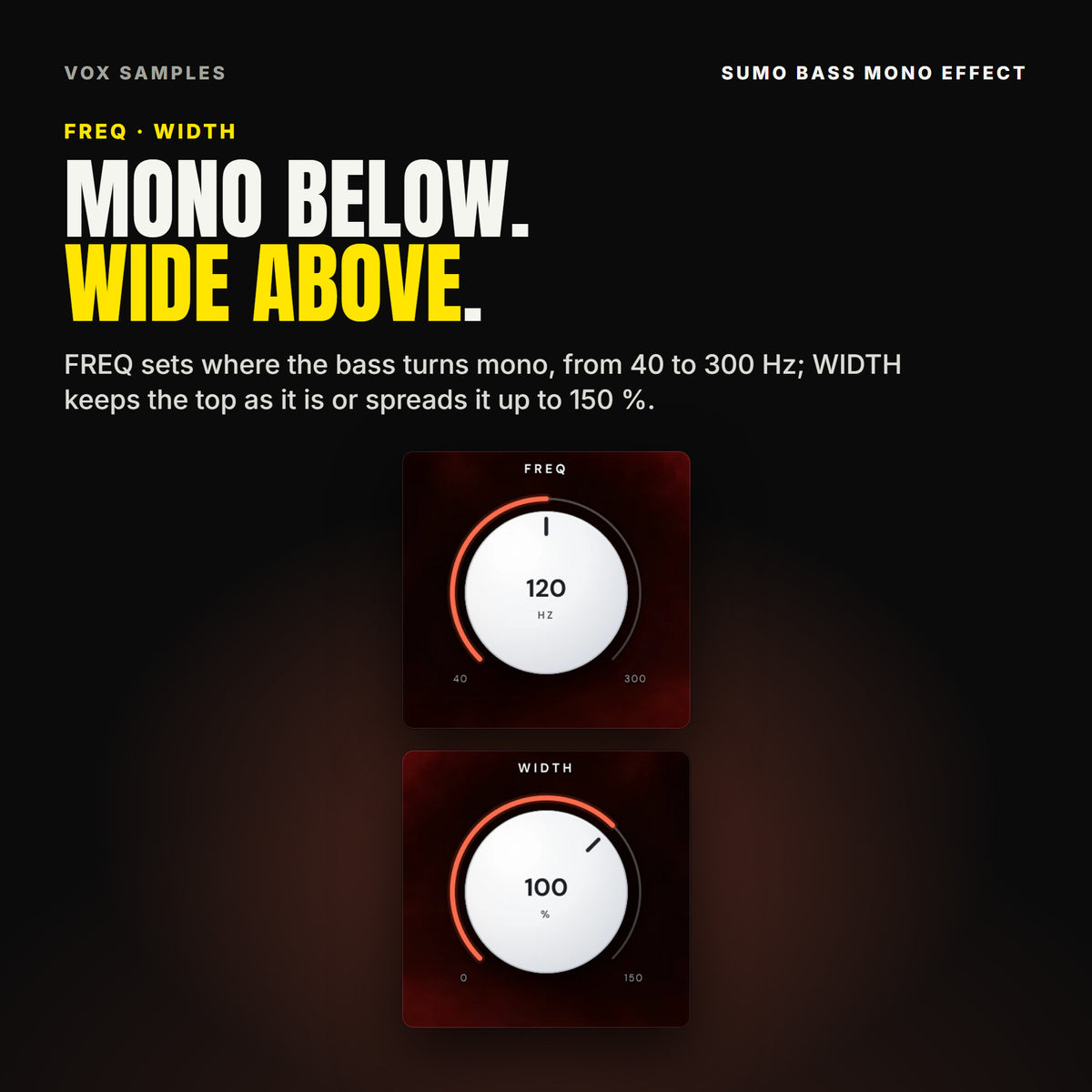 Sumo's two big knobs on Mono Bass 120: FREQ at 120 HZ, between 40 and 300, and WIDTH at 100 %, between 0 and 150.