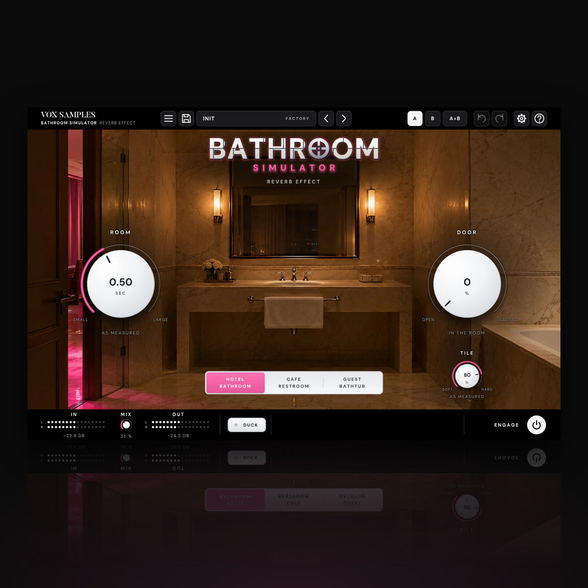 Bathroom Simulator Reverb Effect by Vox Samples, the bathroom reverb plugin: a marble hotel bathroom at night with pink party light through the door, the BATHROOM SIMULATOR tile logo, and two big pearl-white knobs, ROOM and DOOR.