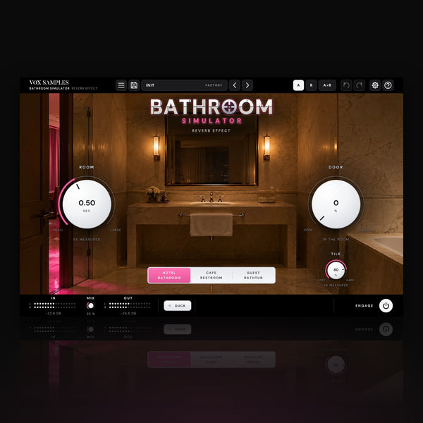 Bathroom Simulator Reverb Effect by Vox Samples, the bathroom reverb plugin: a marble hotel bathroom at night with pink party light through the door, the BATHROOM SIMULATOR tile logo, and two big pearl-white knobs, ROOM and DOOR.
