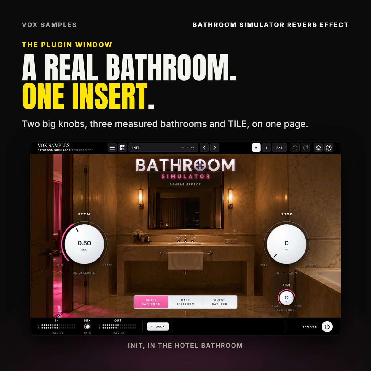 The whole Bathroom Simulator Reverb Effect window on Init: a marble hotel bathroom at night, a framed mirror over the vanity and pink party light through a door ajar on the left; the BATHROOM SIMULATOR tile logo at the top, the big white ROOM knob at 0.50 SEC on the left and DOOR at 0 % on the right, TILE at 80 % under DOOR, the HOTEL BATHROOM, CAFE RESTROOM and GUEST BATHTUB keys under the sink, and IN, MIX, OUT, DUCK and ENGAGE along the bottom.