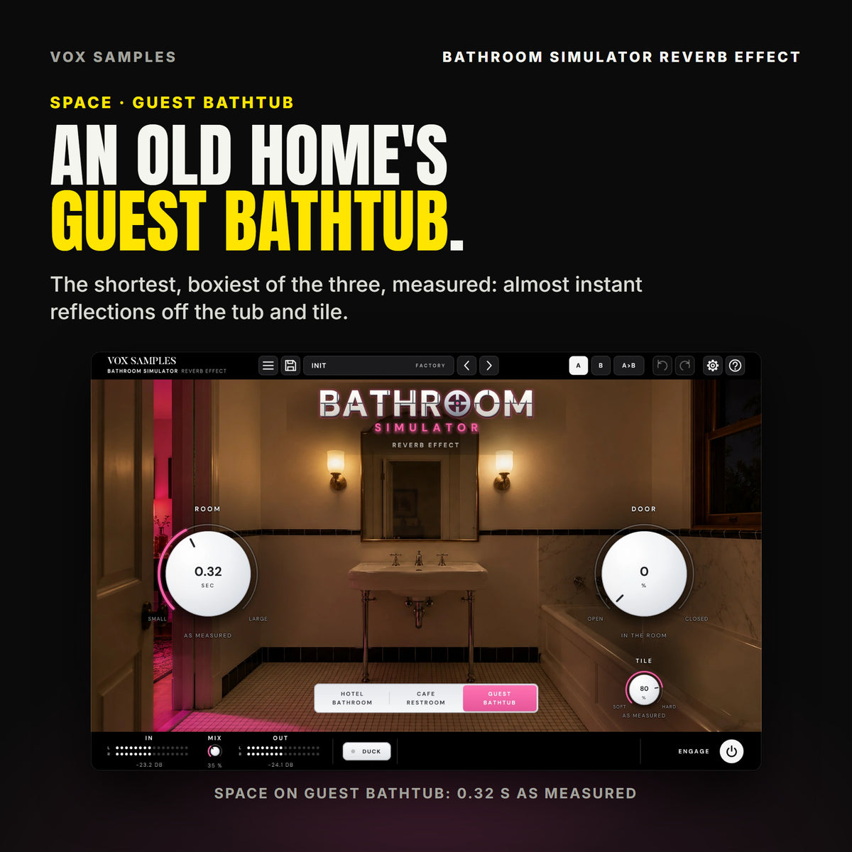 Bathroom Simulator on the GUEST BATHTUB space: an older home's guest bathroom with white walls and a black tile band, a console basin on two legs under an arched mirror, a built-in tub on the right and a mosaic floor; ROOM reads 0.32 SEC, DOOR 0 %, TILE 80 %, the GUEST BATHTUB key lit pink.
