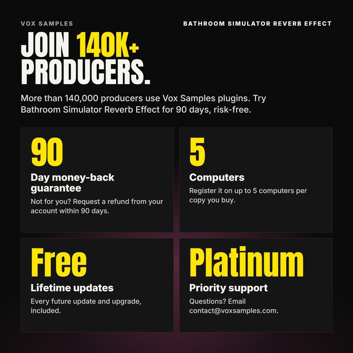 Join 140K+ producers who use Vox Samples plugins. Bathroom Simulator Reverb Effect comes with a 90-day money-back guarantee you claim from your account, registration on up to five of your own computers per copy you buy, free lifetime updates, and Platinum priority support.