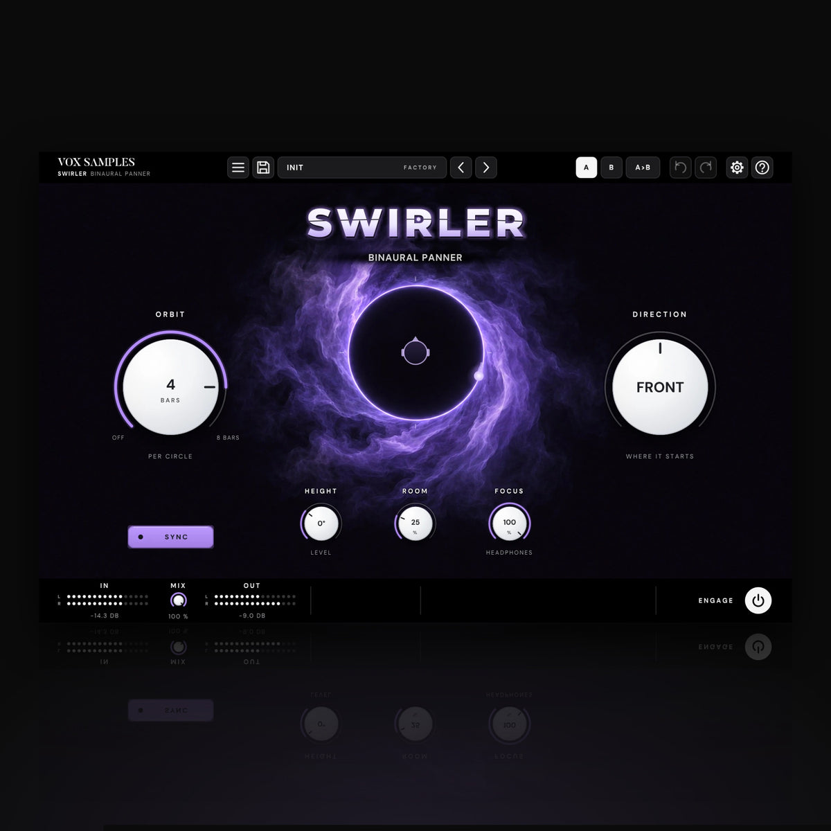 Swirler Binaural Panner by Vox Samples, the binaural panner plugin: a slow vortex of violet mist round a dark ring of light with a small head in the middle and a point of light on the ring, the SWIRLER logo, and two big pearl-white knobs, ORBIT and DIRECTION.
