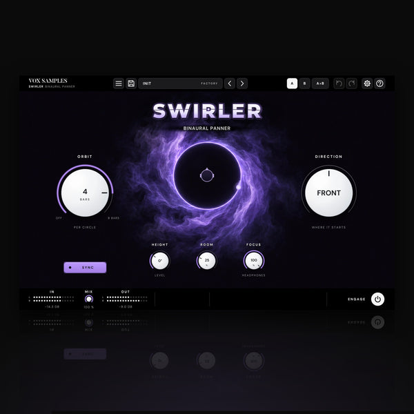 Swirler Binaural Panner by Vox Samples, the binaural panner plugin: a slow vortex of violet mist round a dark ring of light with a small head in the middle and a point of light on the ring, the SWIRLER logo, and two big pearl-white knobs, ORBIT and DIRECTION.