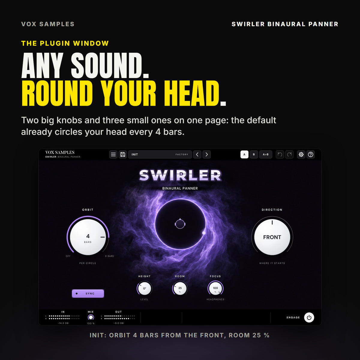 The Swirler Binaural Panner window on Init: a slow vortex of violet mist round a dark ring of light seen from above, a small head in the middle and a point of light on the ring; the SWIRLER logo over BINAURAL PANNER; ORBIT at 4 BARS (PER CIRCLE) with SYNC lit under it on the left and DIRECTION at FRONT (WHERE IT STARTS) on the right; HEIGHT 0° (LEVEL), ROOM 25 % and FOCUS 100 % (HEADPHONES) under the ring; IN, MIX at 100 %, OUT and ENGAGE along the bottom.
