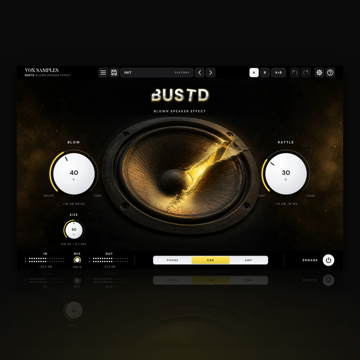Bustd Blown Speaker Effect by Vox Samples, the blown speaker plugin: a paper speaker cone torn open with golden light through the rip, the BUSTD steel logo, and two big pearl-white knobs, BLOW and RATTLE.
