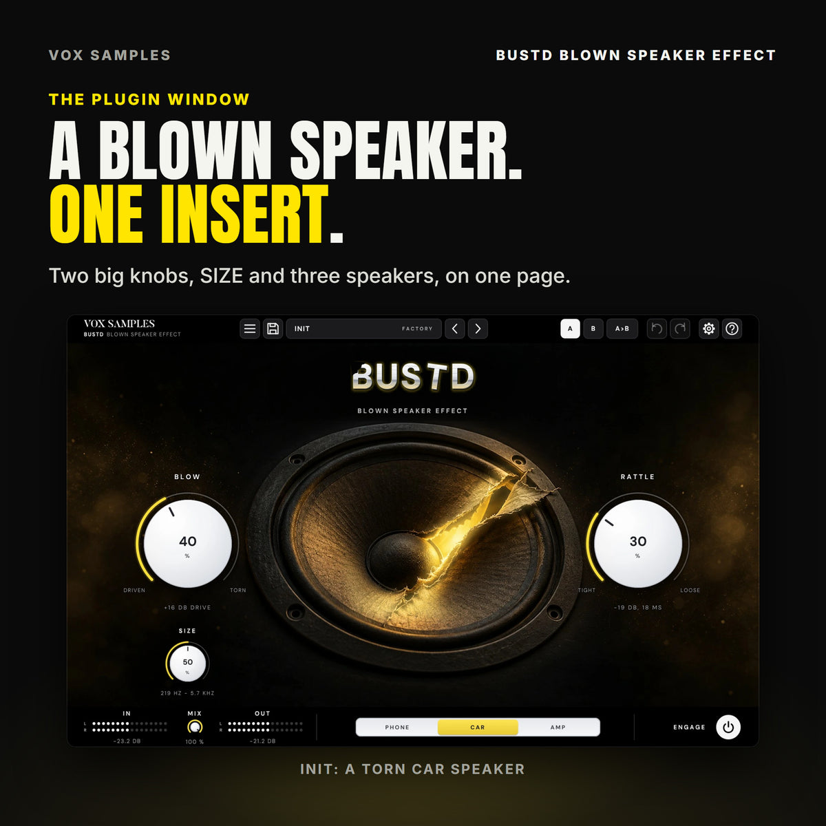 The whole Bustd Blown Speaker Effect window on Init: a paper speaker cone in a dark metal frame, torn from the dust cap to the edge with golden light through the rip; the BUSTD steel logo above it, the big white BLOW knob at 40 % reading +16 DB DRIVE on the left with SIZE at 50 % (219 HZ - 5.7 KHZ) under it, RATTLE at 30 % reading -19 DB, 18 MS on the right, and IN, MIX at 100 %, OUT, the PHONE, CAR and AMP keys with CAR lit yellow, and ENGAGE along the bottom.