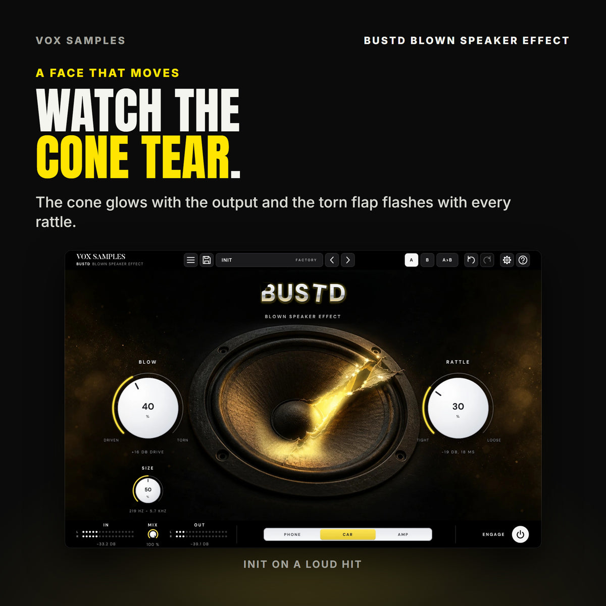 Bustd on Init during a loud hit: the edges of the torn flap flash bright gold with the rattle and the cone glows through the rip; BLOW 40 %, RATTLE 30 %, CAR lit.