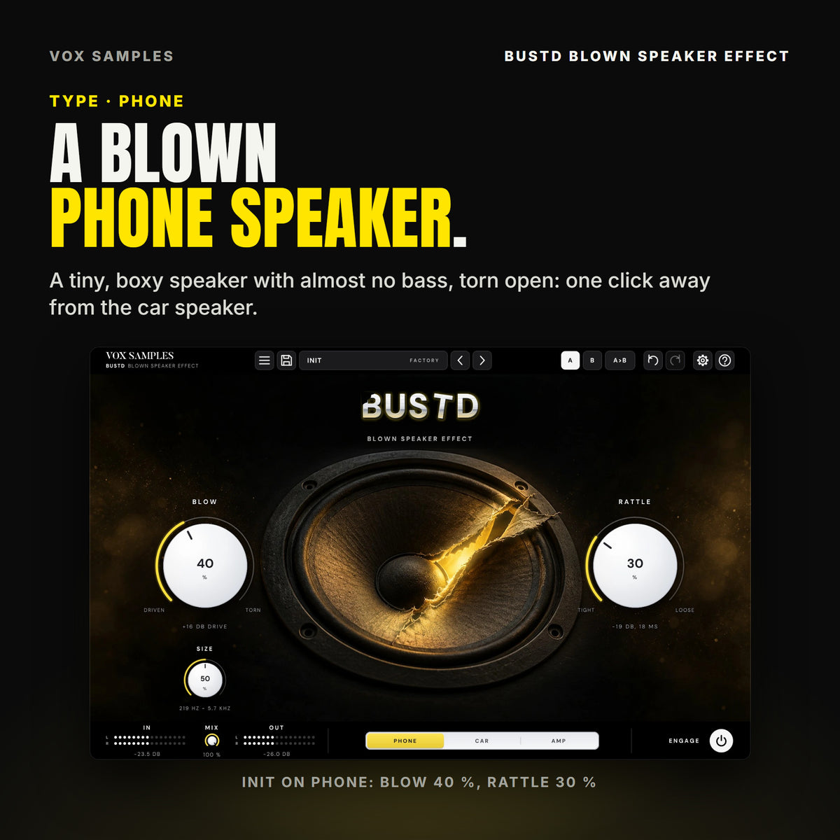 Bustd on Init with PHONE picked in the footer's TYPE keys: BLOW at 40 % reading +16 DB DRIVE, RATTLE at 30 % reading -19 DB, 18 MS, and SIZE at 50 % reading 219 HZ - 5.7 KHZ, either side of the torn speaker cone glowing gold through the rip.