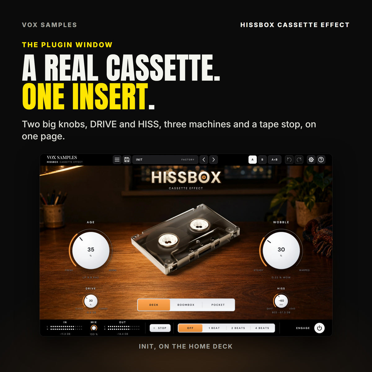 The whole Hissbox Cassette Effect window on Init: a clear smoke cassette on a walnut desk at night, a brass lamp in the upper left and city lights through the window behind; the HISSBOX logo at the top, the big white AGE knob at 35 % (LP 9.8 KHZ) on the left and WOBBLE at 30 % (0.22 % WOW) on the right, DRIVE at 30 % and HISS at -60 DB under them, the DECK, BOOMBOX and POCKET keys with DECK lit, and IN, MIX, OUT, STOP, the STOP SYNC keys and ENGAGE along the bottom.