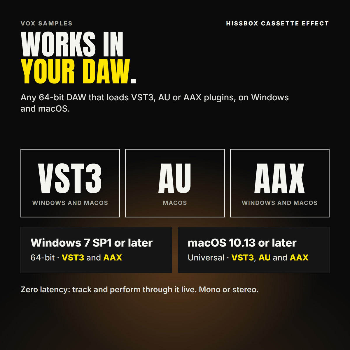 Hissbox Cassette Effect formats: VST3, AU and AAX. Windows 7 SP1 or later, 64-bit: VST3 and AAX. macOS 10.13 or later, universal (Intel and ARM): VST3, AU and AAX. Works in any 64-bit DAW that loads VST3, AU or AAX plugins. Zero latency: track and perform through it live. Mono or stereo.