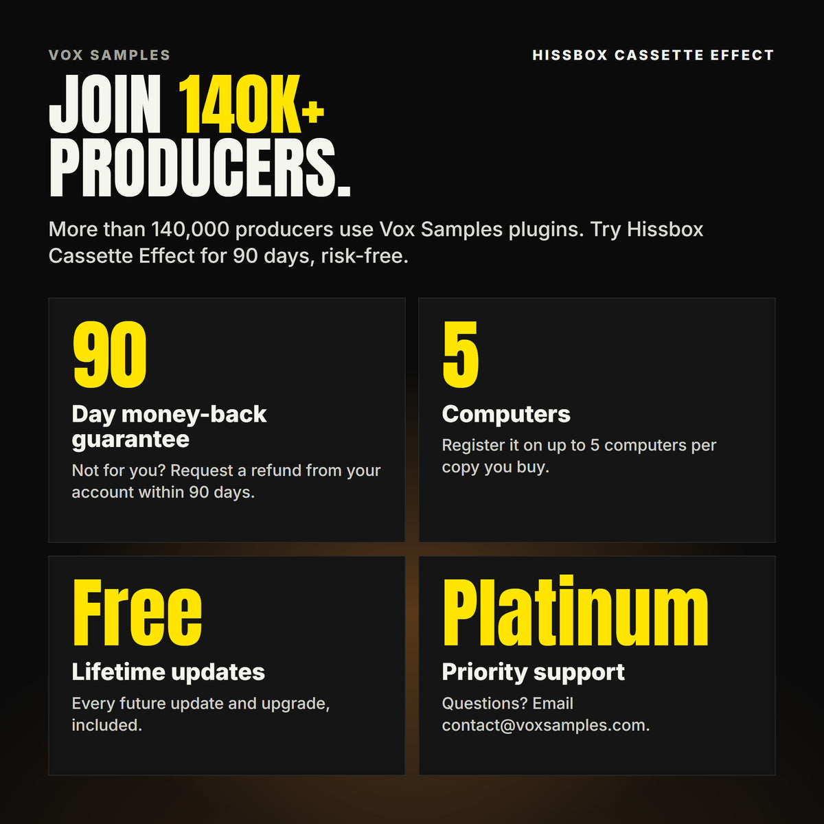 Join 140K+ producers who use Vox Samples plugins. Hissbox Cassette Effect comes with a 90-day money-back guarantee you claim from your account, registration on up to five of your own computers per copy you buy, free lifetime updates, and Platinum priority support.