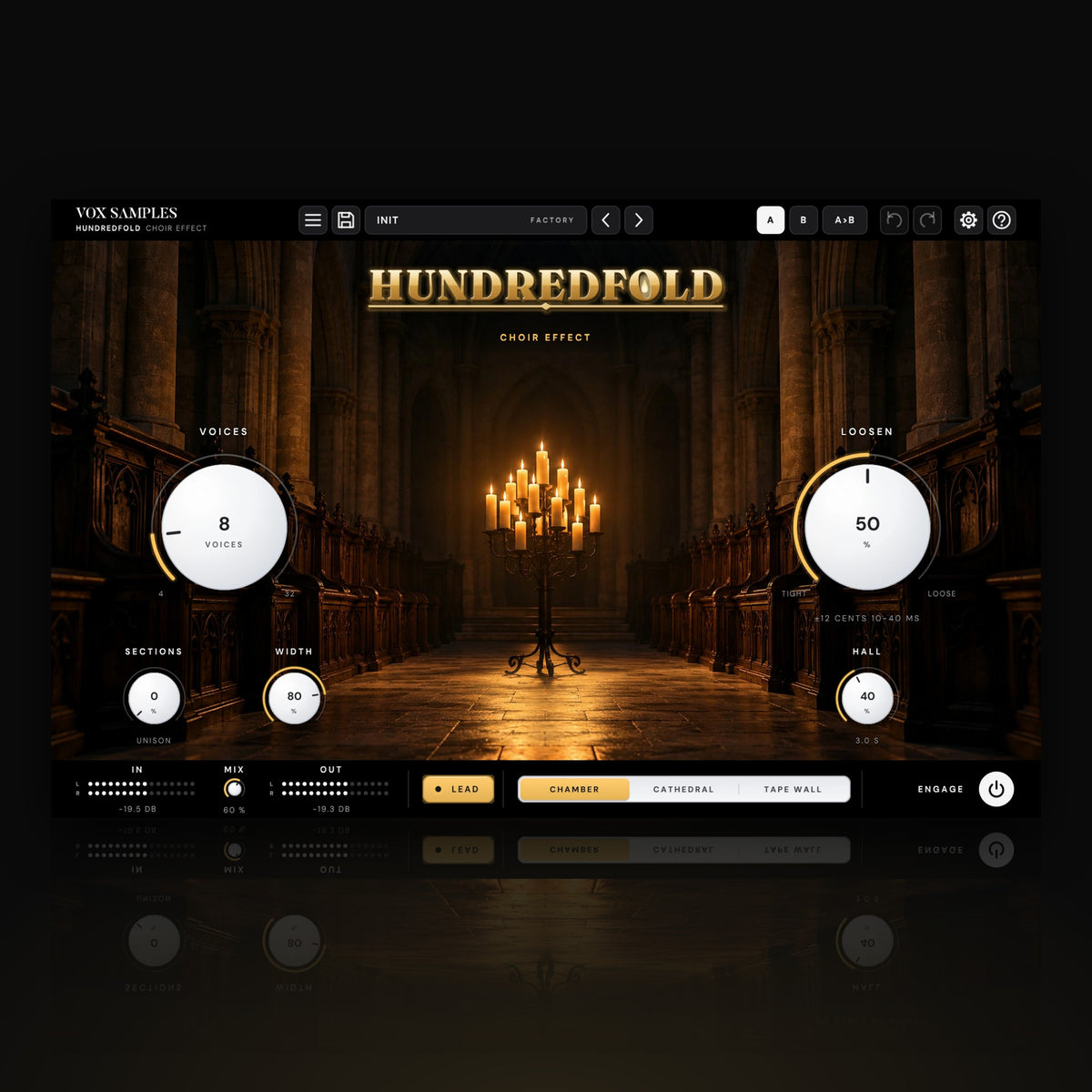 Hundredfold Choir Effect by Vox Samples, the choir effect plugin: a candlelit stone chapel nave with carved choir stalls, the gold HUNDREDFOLD wordmark, and two big pearl-white knobs, VOICES and LOOSEN.