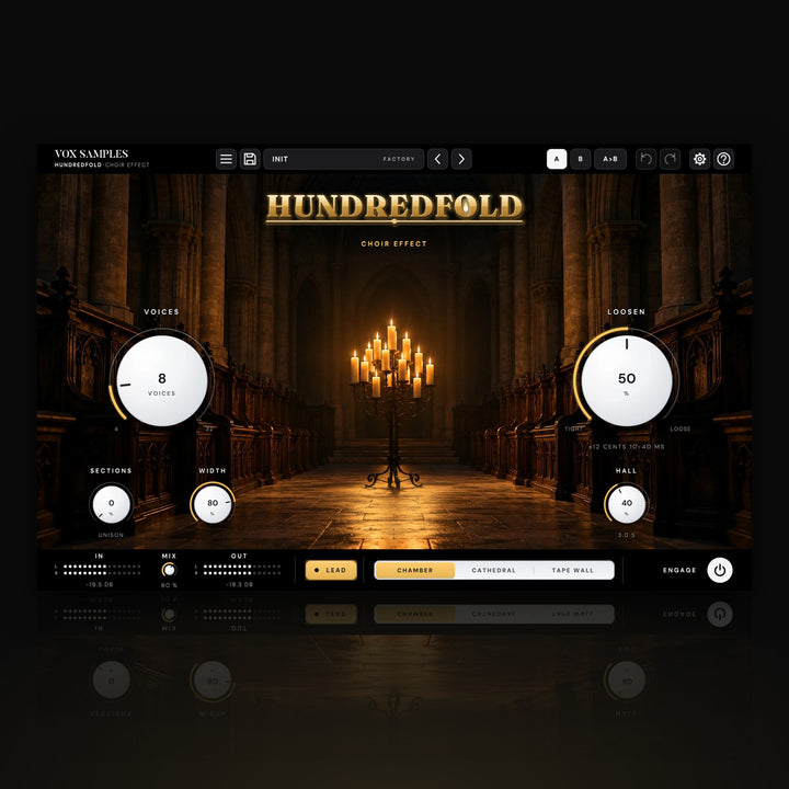 Hundredfold Choir Effect by Vox Samples, the choir effect plugin: a candlelit stone chapel nave with carved choir stalls, the gold HUNDREDFOLD wordmark, and two big pearl-white knobs, VOICES and LOOSEN.