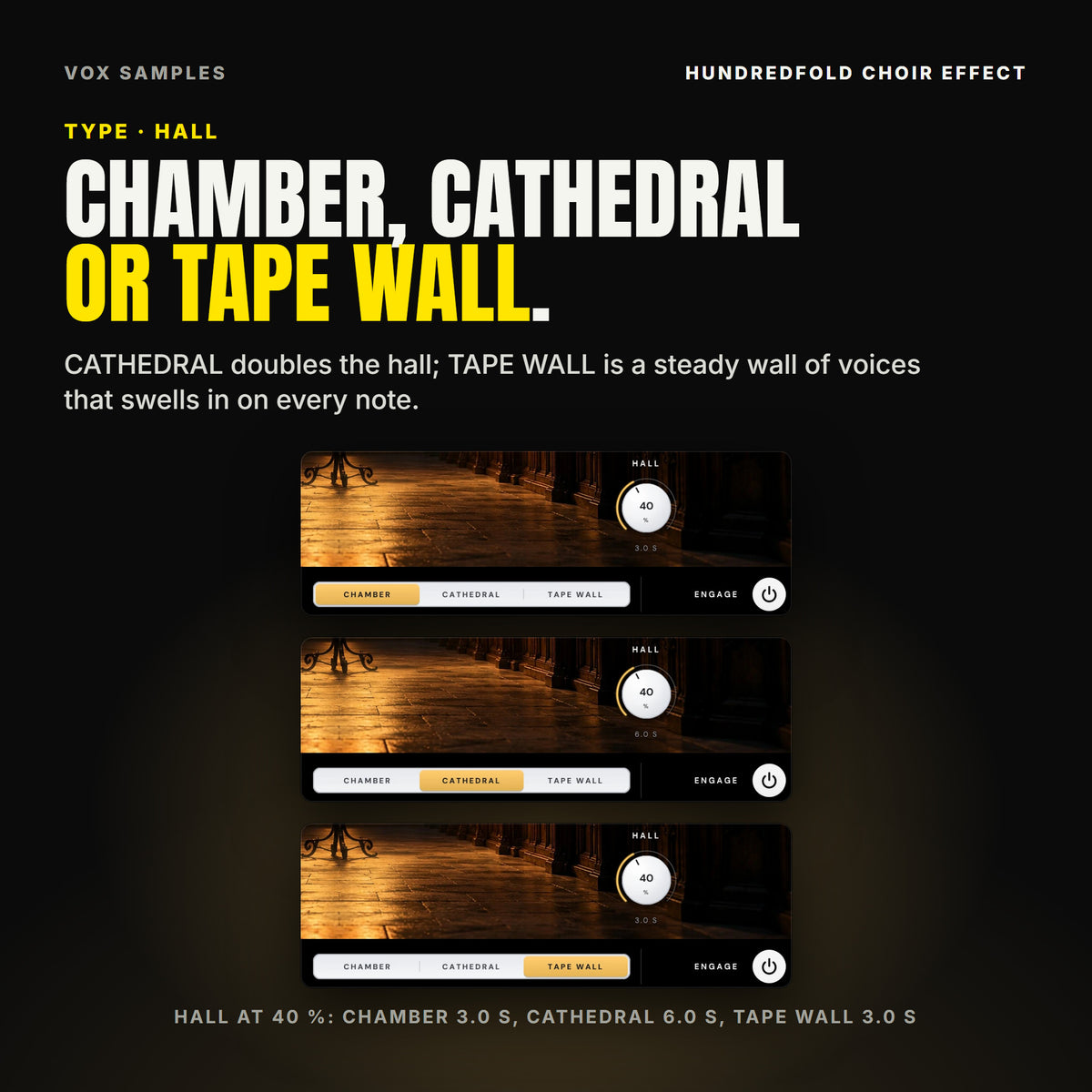 Hundredfold's HALL knob and TYPE keys three times on Init's settings: CHAMBER lit with HALL at 40 % reading 3.0 S; CATHEDRAL lit with the same HALL reading 6.0 S; TAPE WALL lit, HALL reading 3.0 S.