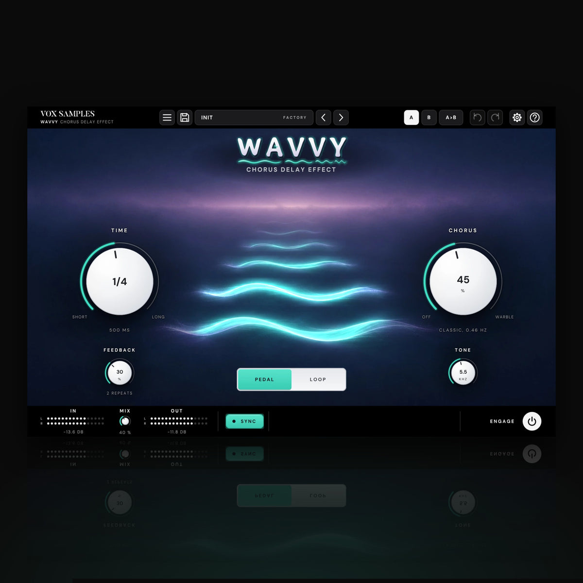 Wavvy Chorus Delay Effect by Vox Samples, the chorus delay plugin: a ribbon of shimmering aqua light repeating into a lilac haze as four wavier copies, the WAVVY logo, and two big pearl-white knobs, TIME and CHORUS.