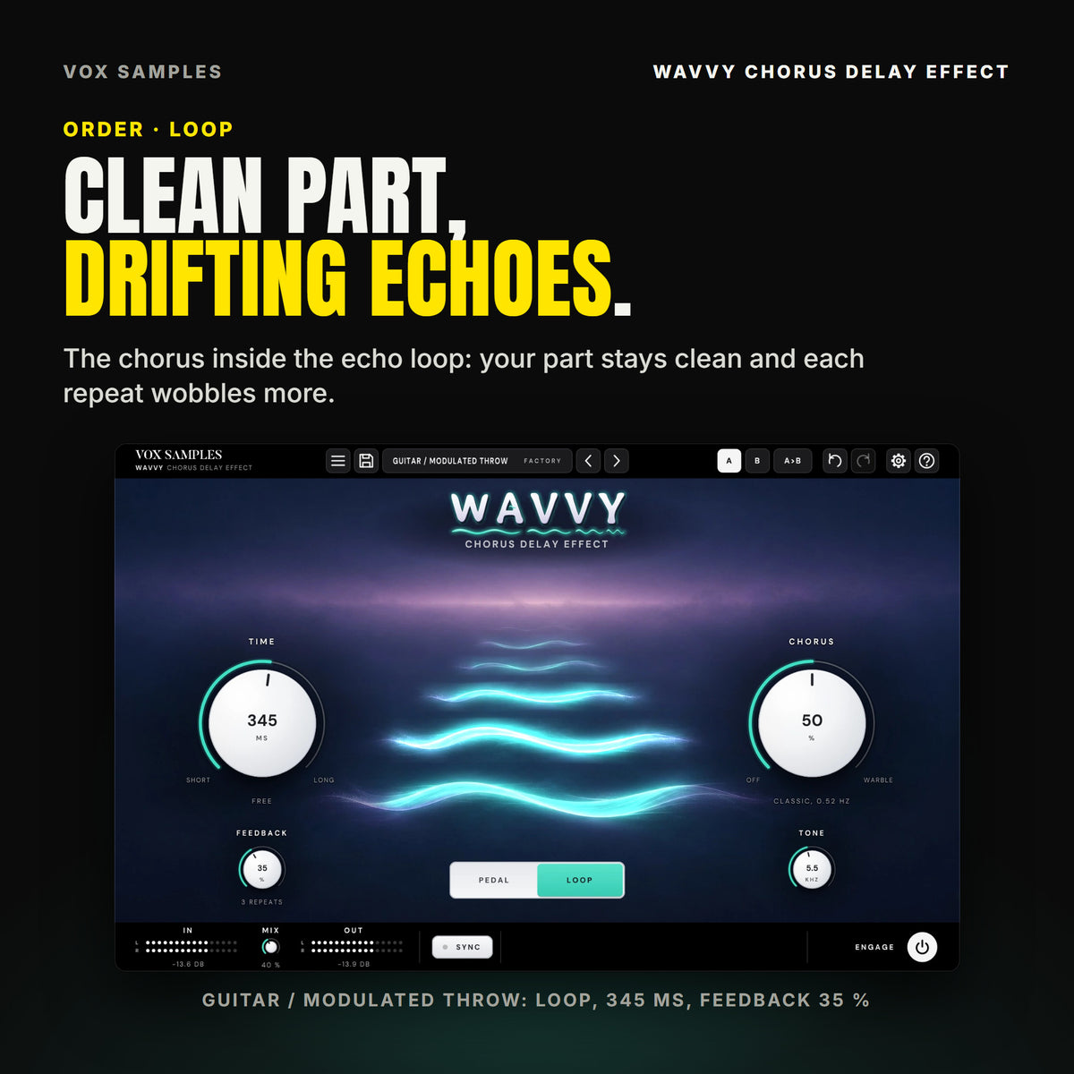 Wavvy on the Guitar / Modulated Throw preset: TIME 345 MS FREE, FEEDBACK at 35 % (3 REPEATS), CHORUS at 50 % (CLASSIC, 0.52 HZ), TONE 5.5 kHz, the LOOP key lit and SYNC off.