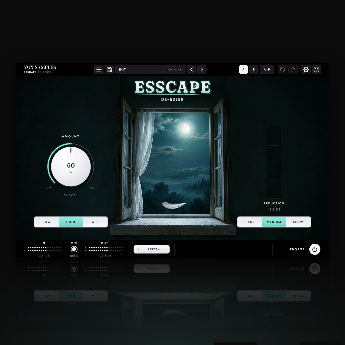 Esscape De-Esser by Vox Samples, the de-esser plugin: an old casement window open on a misty moonlit valley, a white feather over the stone sill, the ESSCAPE logo, the big pearl-white AMOUNT knob and the REDUCTION meter.