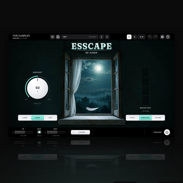 Esscape De-Esser by Vox Samples, the de-esser plugin: an old casement window open on a misty moonlit valley, a white feather over the stone sill, the ESSCAPE logo, the big pearl-white AMOUNT knob and the REDUCTION meter.