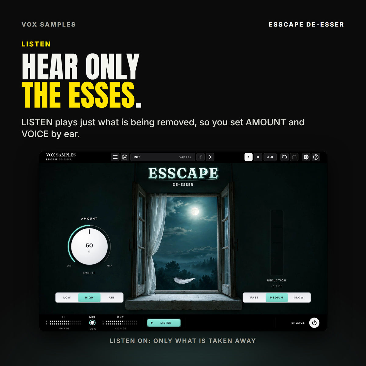 Esscape on Init with LISTEN lit in the footer: only the removed esses are heard.