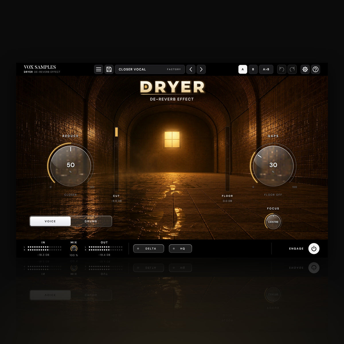 Dryer De-Reverb Effect by Vox Samples, the de-reverb plugin: a tiled bathhouse corridor at night with an amber window and a flooded floor, the gold DRYER wordmark, and two big glass knobs, REDUCE and GAPS.