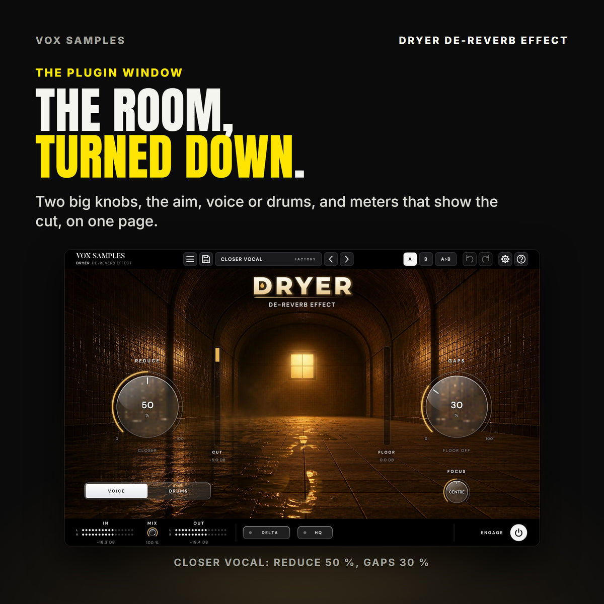 The whole Dryer De-Reverb Effect window on Closer Vocal: a tiled bathhouse corridor at night with one amber window at its far end and a floor of standing water, the gold DRYER wordmark at the top, the big glass REDUCE knob at 50 % (CLOSER) on the left and GAPS at 30 % (FLOOR OFF) on the right, the CUT and FLOOR meters beside them, the VOICE and DRUMS keys, FOCUS on CENTRE, and IN, MIX at 100 %, OUT, DELTA, HQ and ENGAGE along the bottom.