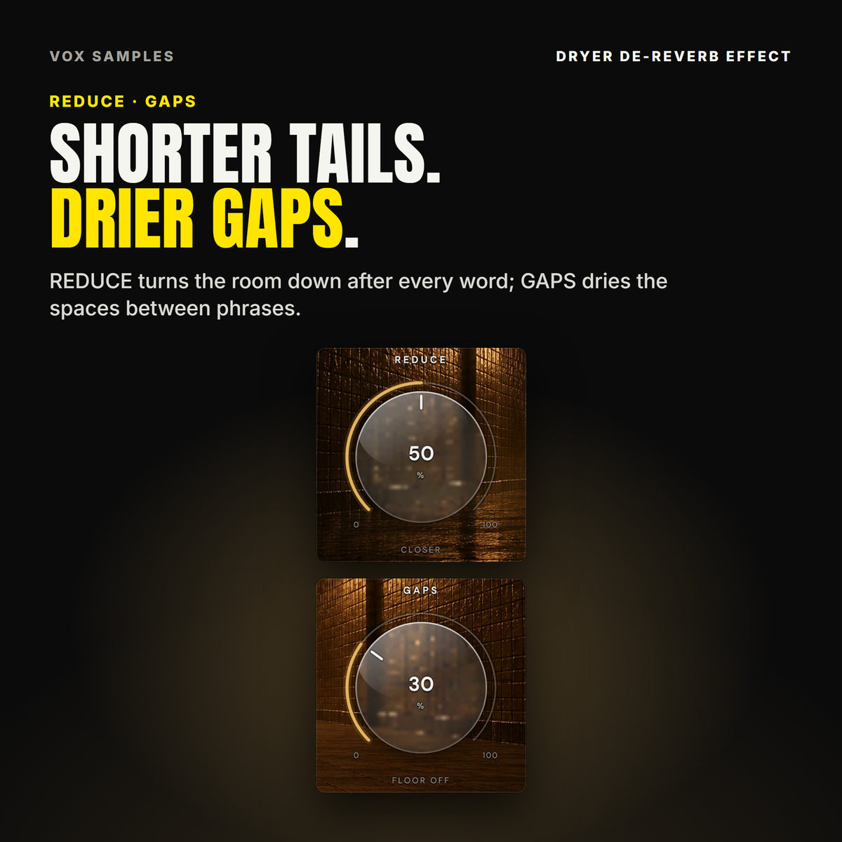 Dryer's two big knobs on Closer Vocal: REDUCE at 50 %, reading CLOSER, and GAPS at 30 %, reading FLOOR OFF.