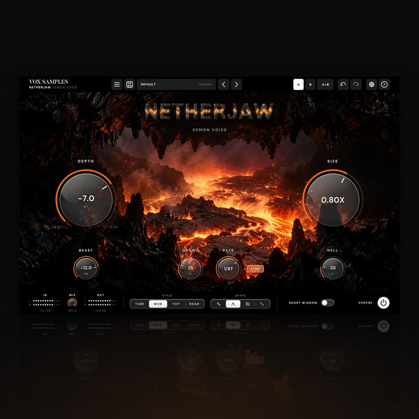 Netherjaw Demon Voice by Vox Samples, the demon voice plugin: a lava cave with stone teeth over a glowing lava river, the NETHERJAW logo cut in basalt, and two big glass knobs with ember arcs, DEPTH and SIZE.