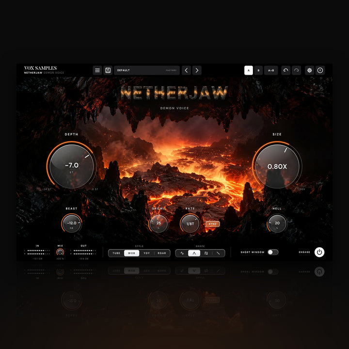 Netherjaw Demon Voice by Vox Samples, the demon voice plugin: a lava cave with stone teeth over a glowing lava river, the NETHERJAW logo cut in basalt, and two big glass knobs with ember arcs, DEPTH and SIZE.