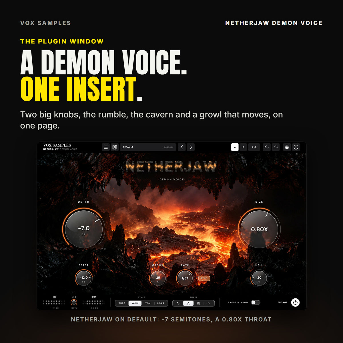 The whole Netherjaw Demon Voice window: a lava cave whose stalactites and stone teeth frame a glowing lava river, the NETHERJAW logo cut in basalt above it, the big glass DEPTH knob reading -7.0 ST on the left and SIZE reading 0.80X on the right, BEAST at -12.0 dB and HELL at 20 % under them, GROWL at 25 % and RATE at 1/8T with SYNC lit in the centre, and IN, MIX, OUT, the STYLE keys on WOB, the SHAPE keys on triangle, SHORT WINDOW and ENGAGE along the bottom.