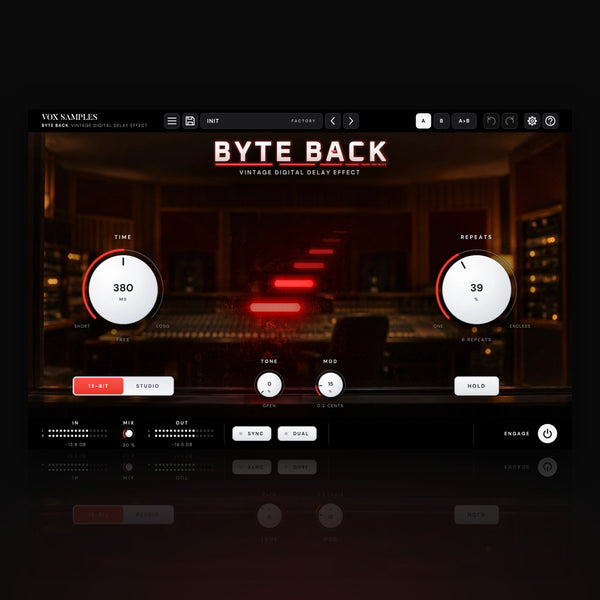 Byte Back Vintage Digital Delay Effect by Vox Samples, the digital delay plugin: a control room behind smoked glass with red LED echo bars, the red BYTE BACK wordmark, and two big white knobs, TIME and REPEATS.