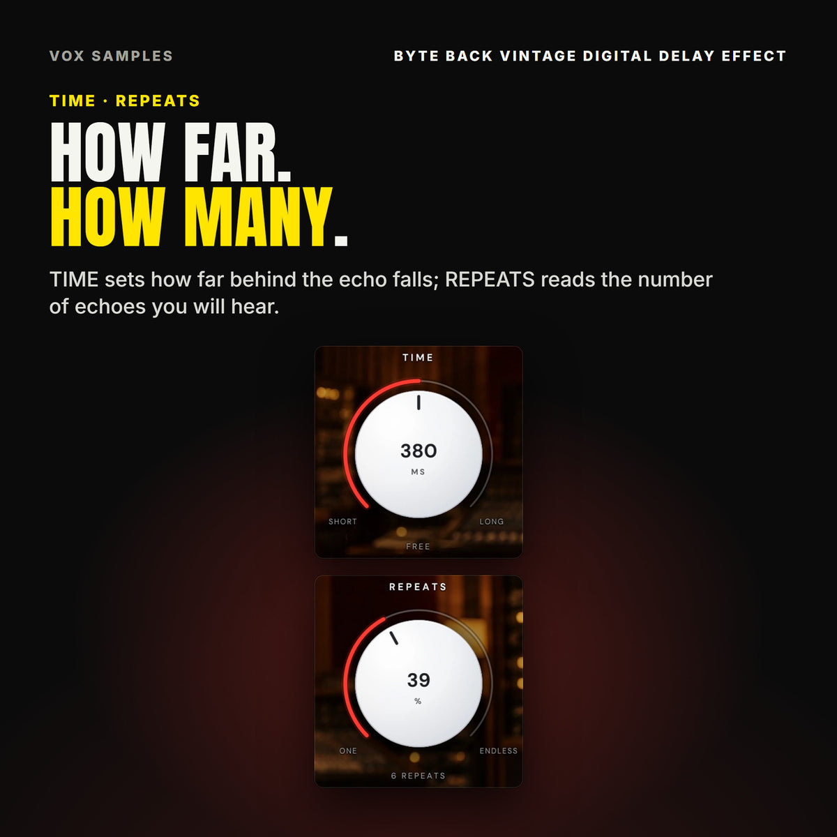 Byte Back's two big knobs on Init: TIME on 380 MS, between SHORT and LONG, and REPEATS at 39 %, reading 6 REPEATS.