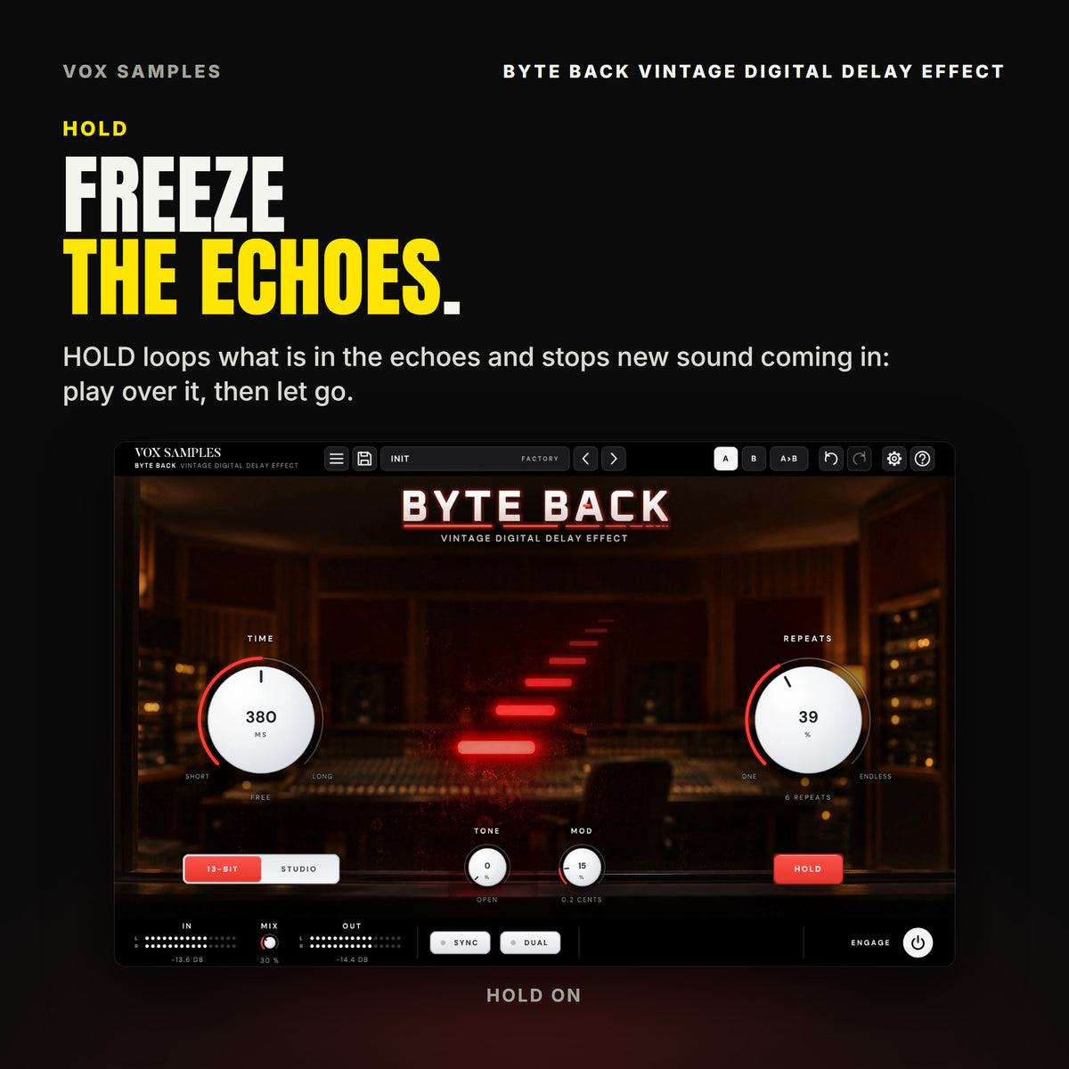Byte Back with HOLD lit: the echoes held in a loop, every LED copy lit at the echoes' level.