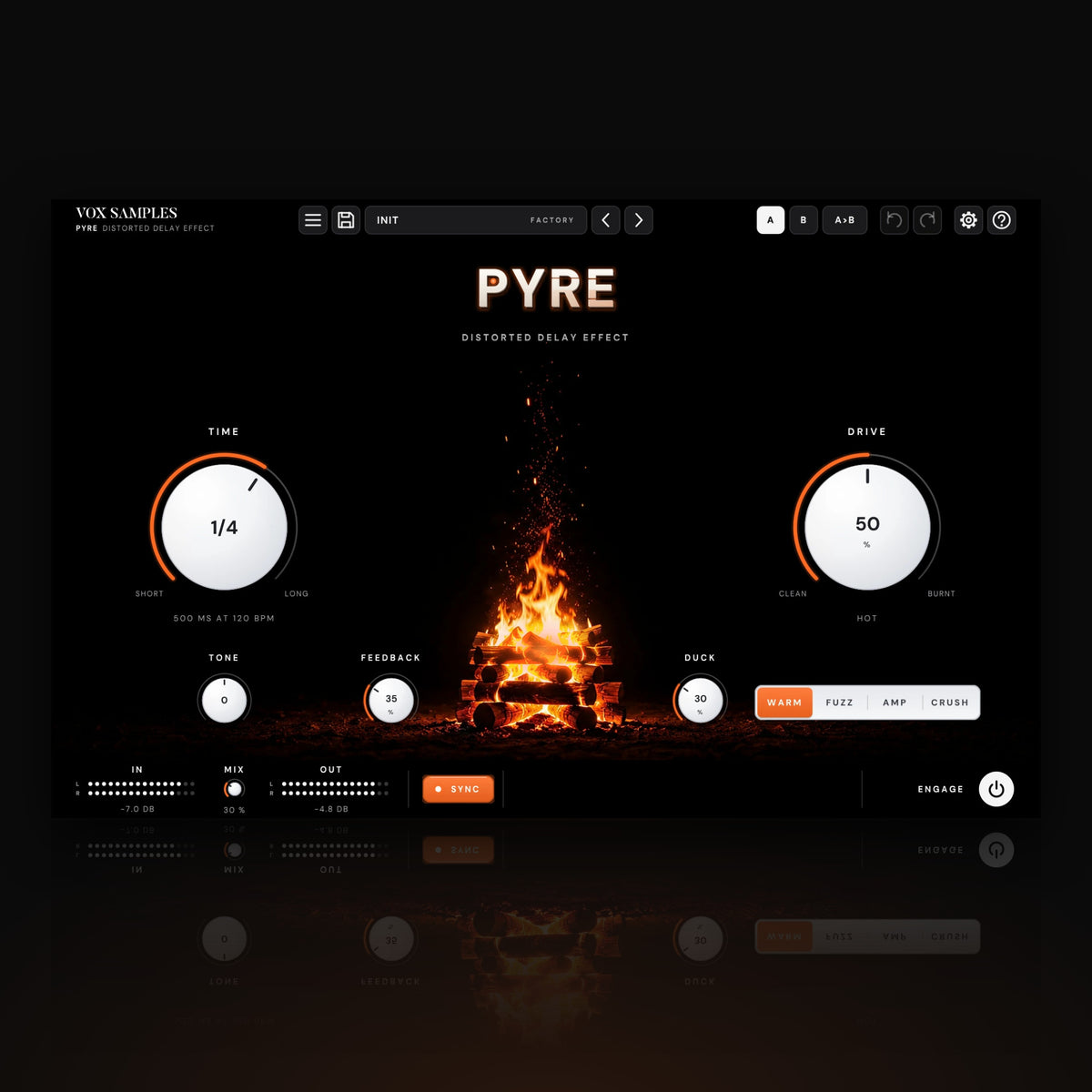 Pyre Distorted Delay Effect by Vox Samples, the distorted delay plugin: a pyre of stacked logs burning in the dark, a column of embers rising from it, the PYRE logo with an ember in the P, and two big pearl-white knobs, TIME and DRIVE.
