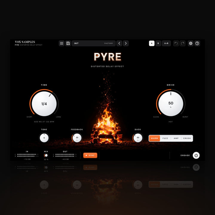 Pyre Distorted Delay Effect by Vox Samples, the distorted delay plugin: a pyre of stacked logs burning in the dark, a column of embers rising from it, the PYRE logo with an ember in the P, and two big pearl-white knobs, TIME and DRIVE.