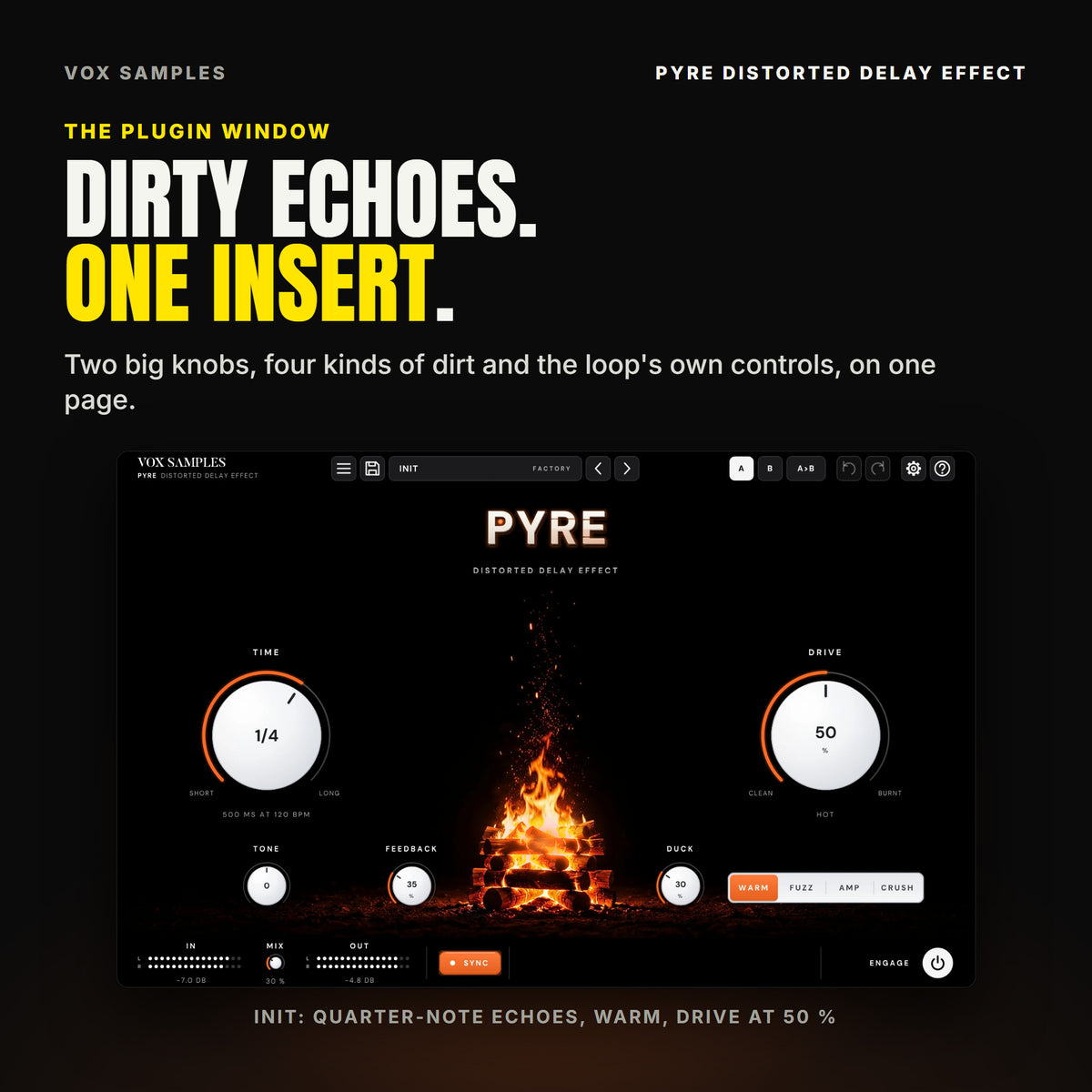 The Pyre Distorted Delay Effect window on Init: a pyre of stacked logs burning in the middle, a column of embers rising above it; the PYRE logo; the big white TIME knob on 1/4 (500 MS AT 120 BPM) on the left and DRIVE at 50 %, HOT, on the right; TONE at 0, FEEDBACK at 35 % and DUCK at 30 %; the WARM, FUZZ, AMP and CRUSH keys with WARM lit; and IN, MIX at 30 %, OUT, SYNC and ENGAGE in the footer.