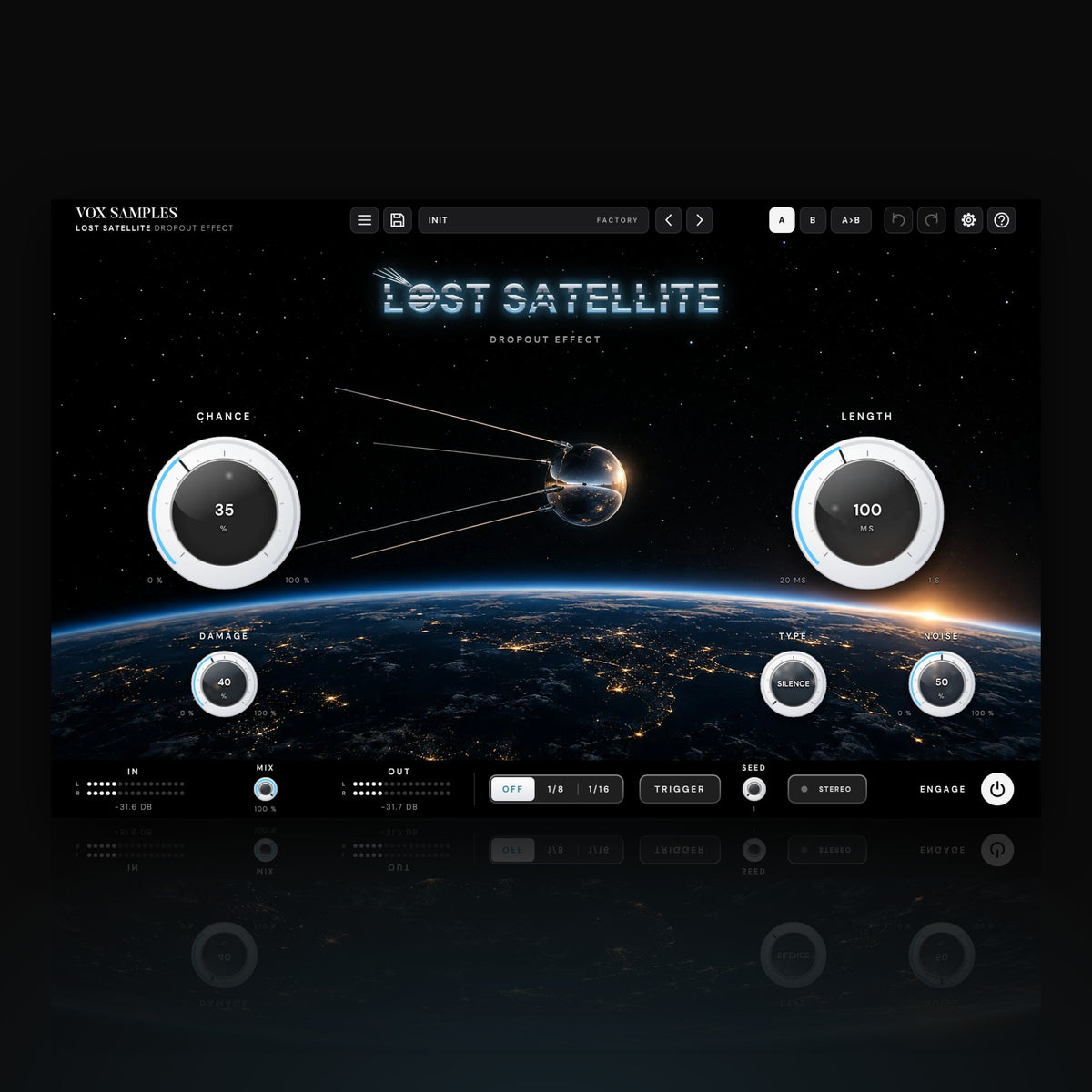 Lost Satellite Dropout Effect by Vox Samples, the signal dropout plugin: a small satellite with four antennas over the night side of the Earth, the chrome LOST SATELLITE logo, and two big knobs, CHANCE and LENGTH.