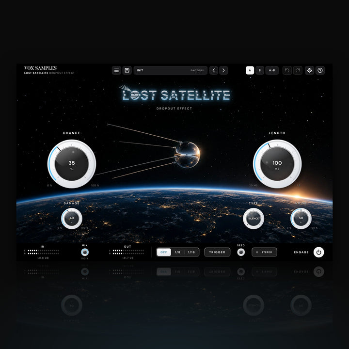 Lost Satellite Dropout Effect by Vox Samples, the signal dropout plugin: a small satellite with four antennas over the night side of the Earth, the chrome LOST SATELLITE logo, and two big knobs, CHANCE and LENGTH.