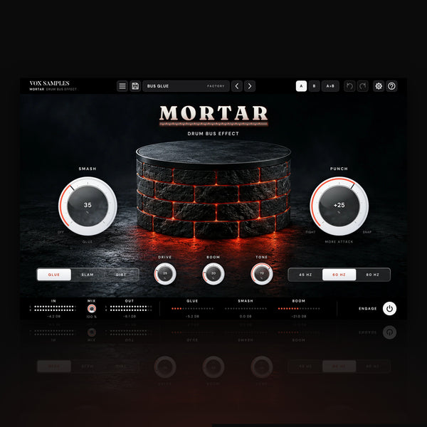 Mortar Drum Bus Effect by Vox Samples, the drum bus plugin: a round drum built of dark stone bricks, the mortar between them glowing red, a pool of red light on the concrete floor, the MORTAR wordmark, and two big white knobs, SMASH and PUNCH.