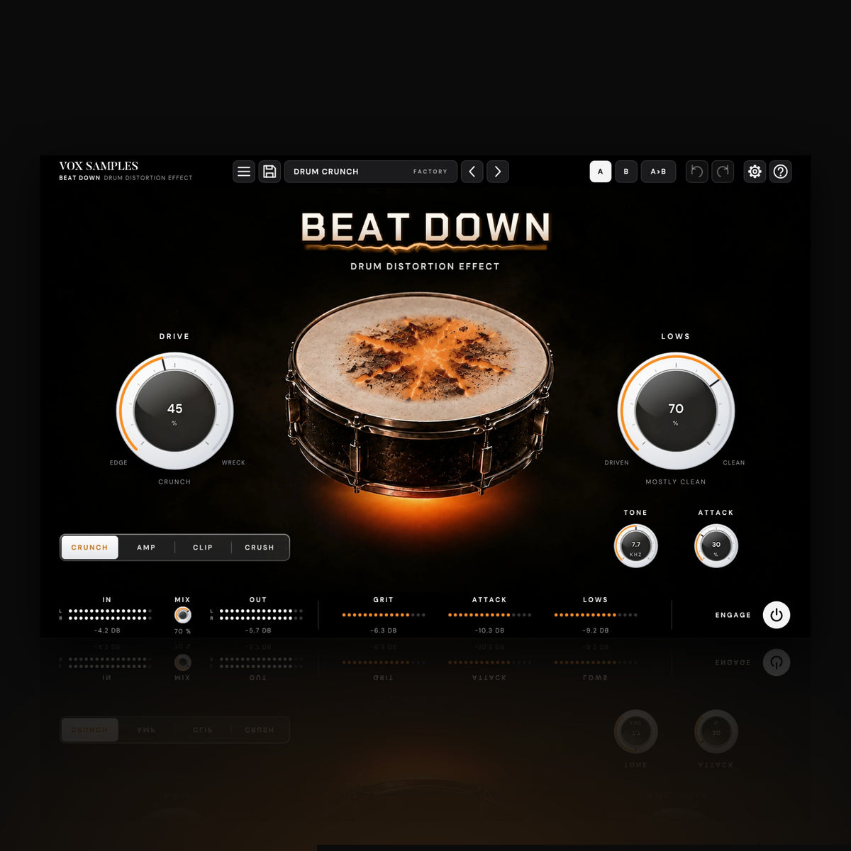Beat Down Drum Distortion Effect by Vox Samples, the drum distortion plugin: a snare drum in the dark, its head torn open by glowing orange cracks, an orange glow under the shell, the BEAT DOWN wordmark, and two big white knobs, DRIVE and LOWS.