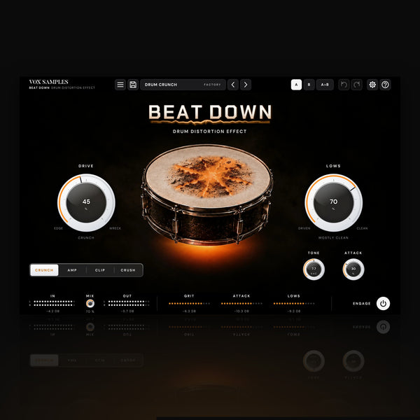 Beat Down Drum Distortion Effect by Vox Samples, the drum distortion plugin: a snare drum in the dark, its head torn open by glowing orange cracks, an orange glow under the shell, the BEAT DOWN wordmark, and two big white knobs, DRIVE and LOWS.